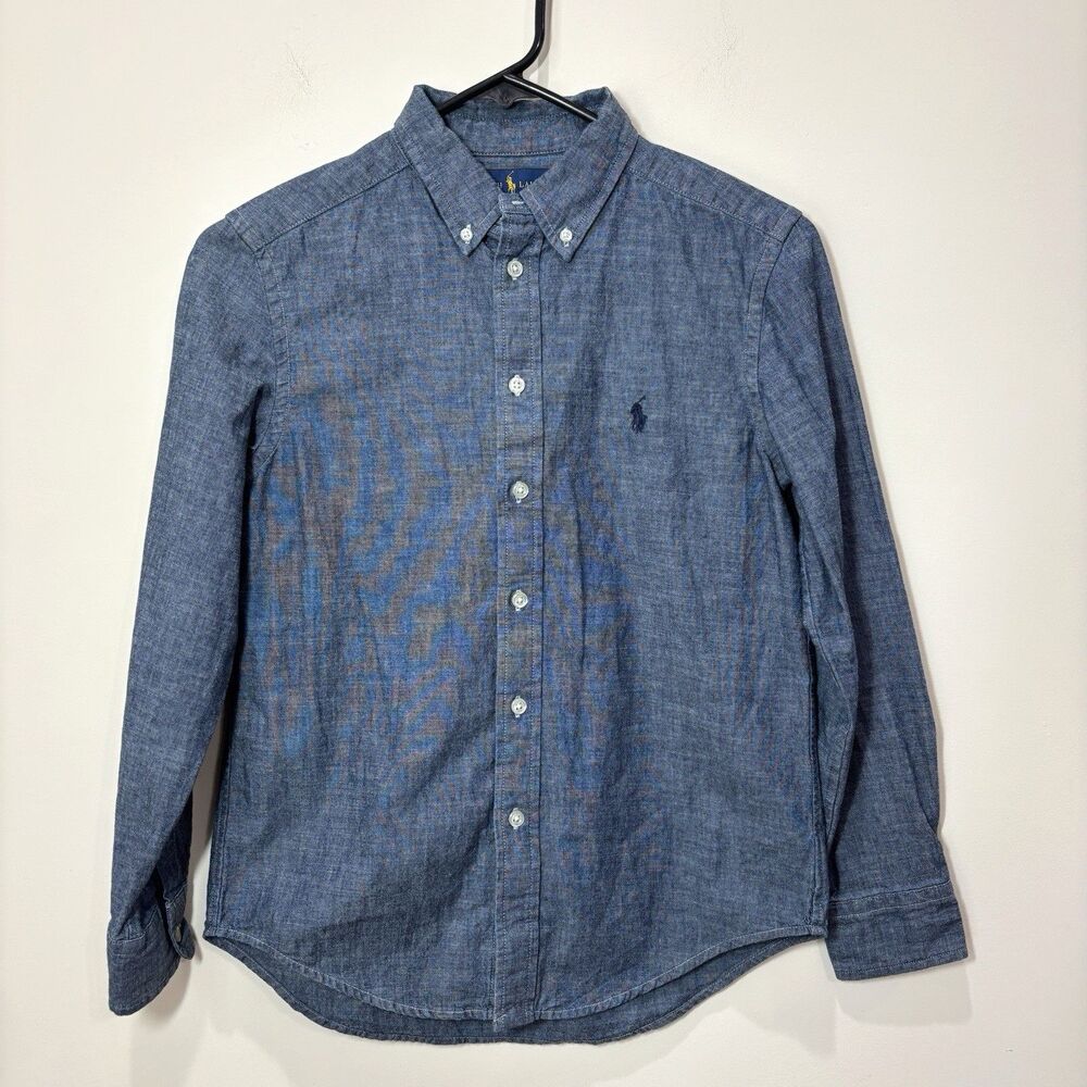 Polo Ralph Lauren Boys M Button-Down Shirt Blue Chambray Pony Logo Long Sleeves